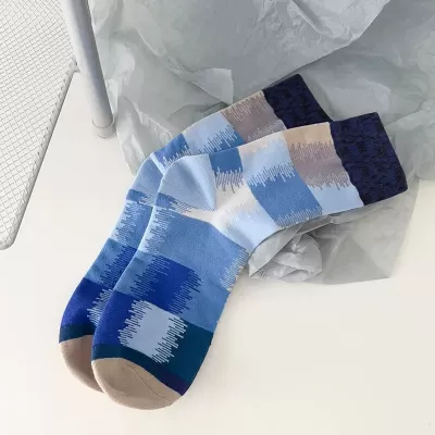 Autumn Winter Men’s Checkered Jacquard Socks – Color Matching Middle Tube Trend - Blue