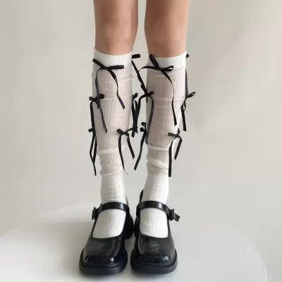 Ballet Whimsy: Lolita Girls’ Kawaii Knee-High Bandage Bowknot Socks - White design 1