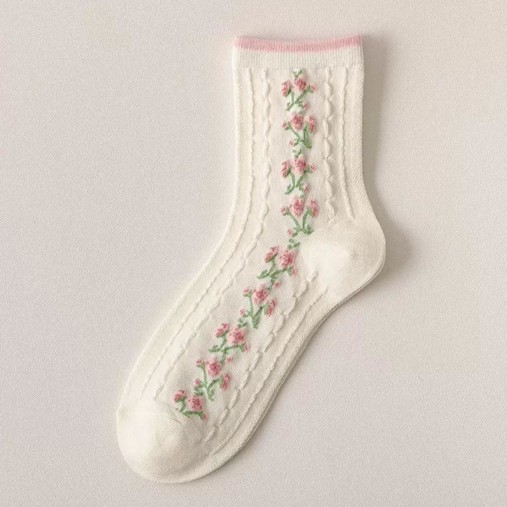 Charming Pink Twisted Tube Floral Socks – Sweet Kawaii Style for Students - Cozy white - pink design 3