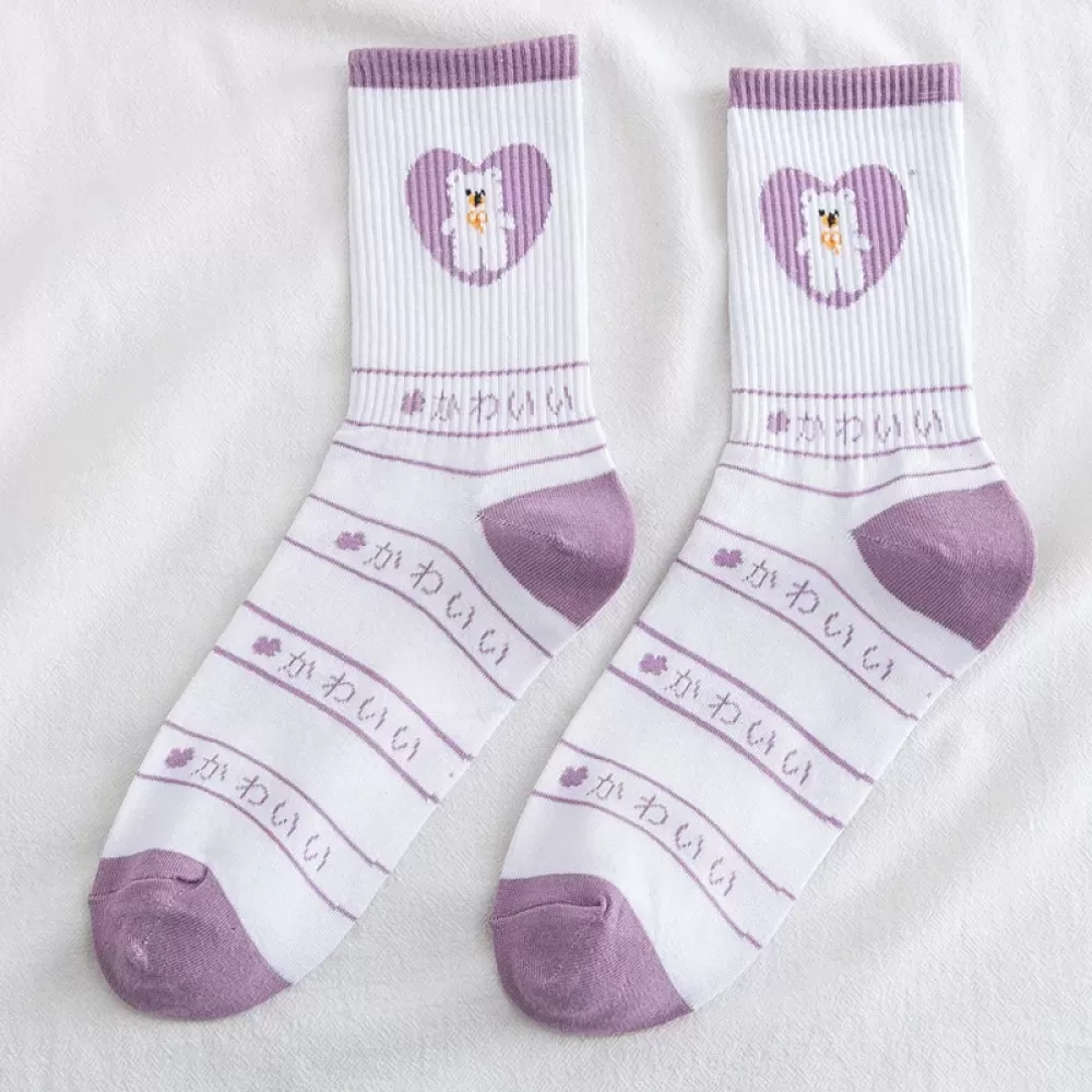 Charming Purple Bear Cotton Socks – Fashionable, Comfy & Cute - White-purple design 1