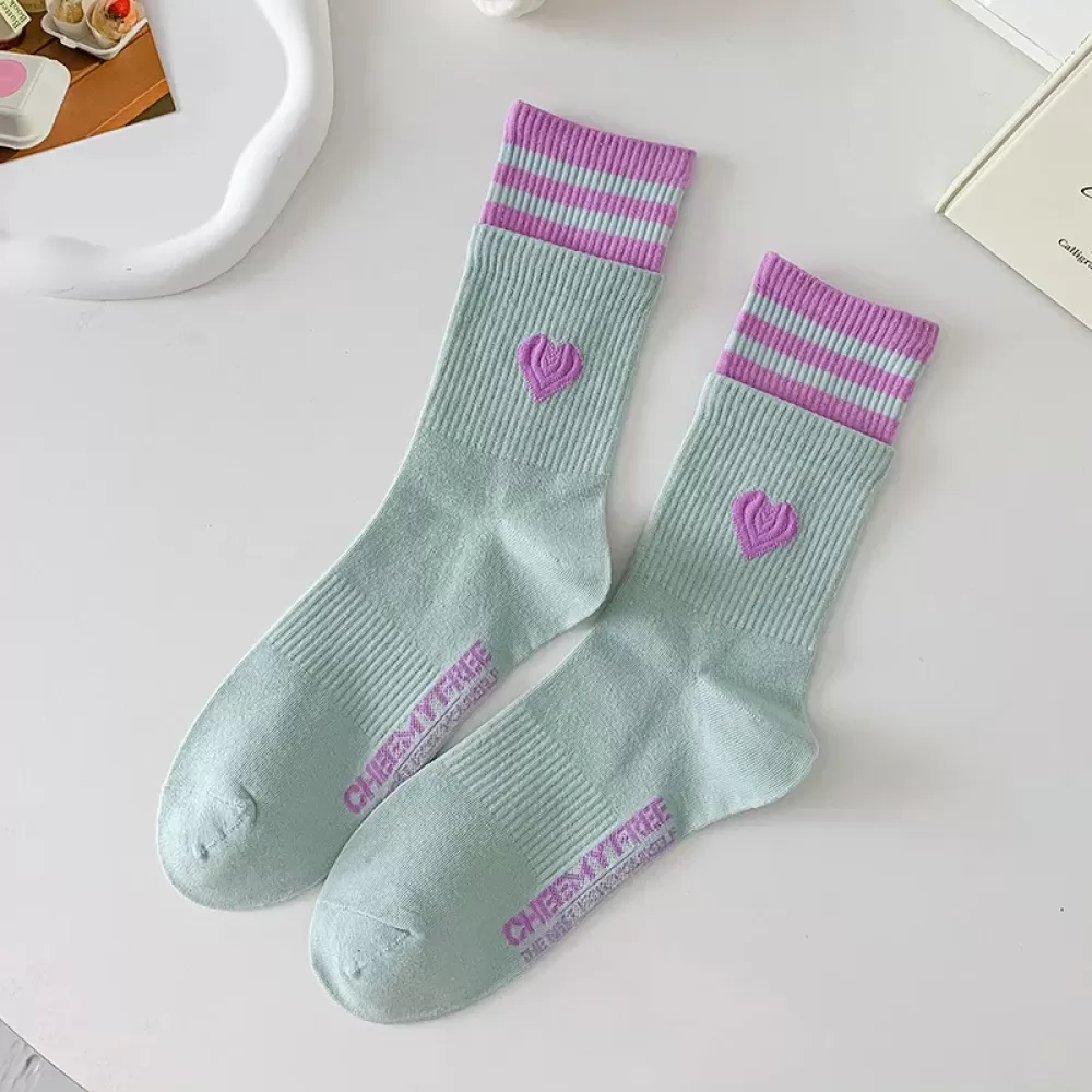 Chic Striped Love Heart Long Socks – Winter Cycling Cotton Warmers in Korean Kawaii Style - Blue