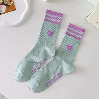 Chic Striped Love Heart Long Socks – Winter Cycling Cotton Warmers in Korean Kawaii Style - Blue
