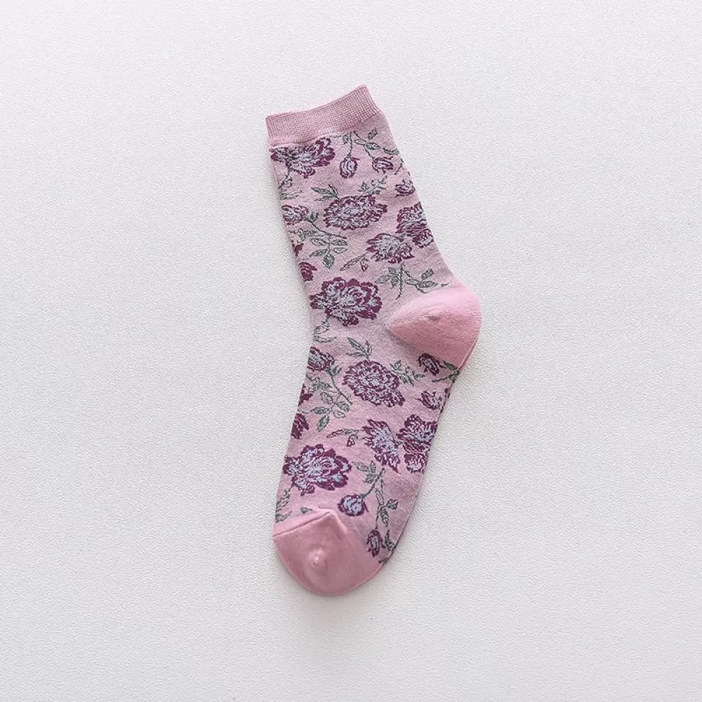 Colorful Peony Flower Cotton Socks – Fashionable Couples’ Harajuku Style - Pink