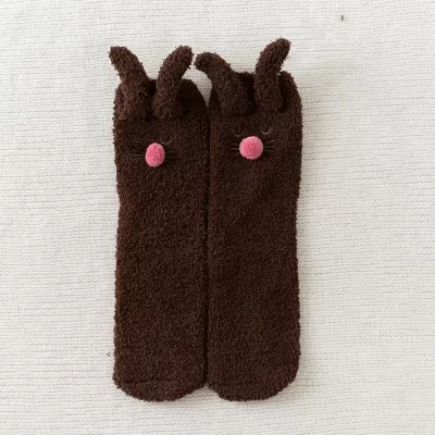 Cozy 3D Rabbit Ears Fuzzy Slipper Socks – Winter Warmth & Comfort - Coffee