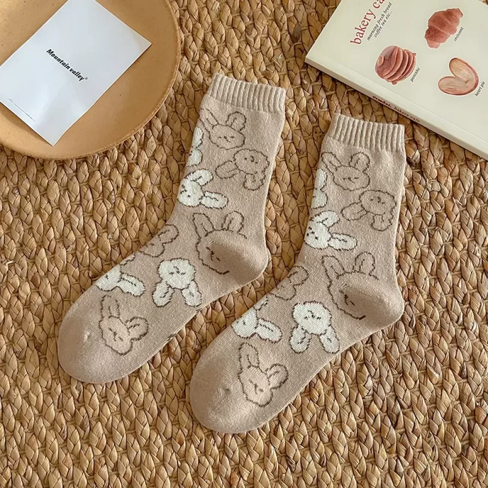 Cozy Coffee-Colored Cartoon Floret Mid-Tube Socks – Perfect - Kawaii design 1