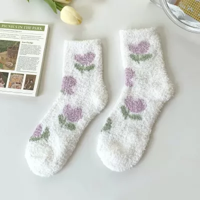 Cozy Coral Fleece Japanese Kawaii Socks – Perfect for Autumn/Winter Warmth - White