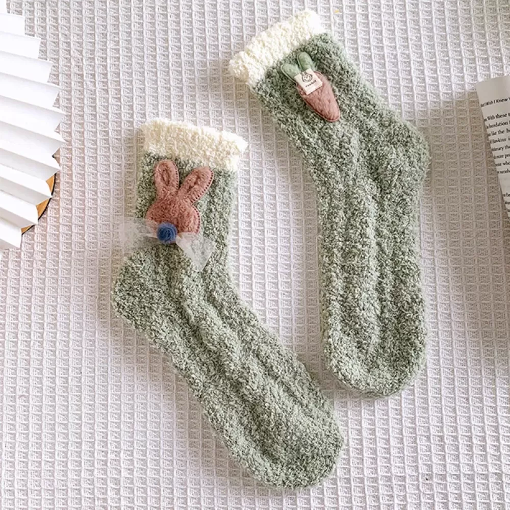 Cozy Cuteness: Women’s Japanese Coral Velvet Rabbit & Carrot Sleeping Socks - Green