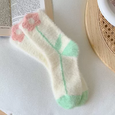 Cozy Velvet Plush Thickened Sleep Floor Socks – Autumn & Winter Candy-Colored Comfort - Fuzzy floral design 3