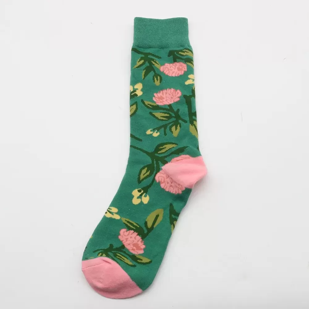 Desert Bloom: Whimsical Cactus Cartoon Socks - Green pink flowers design