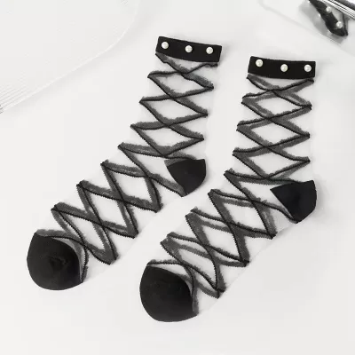 Elegant Organza Cross Lace Bow Socks – Japanese Lolita Style - Black stripped design 1