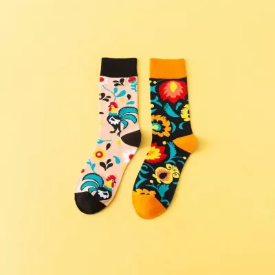 Feet Flower & Bird Pattern Mid-Tube Socks – Trendy Unisex Design - Art colorful design 5