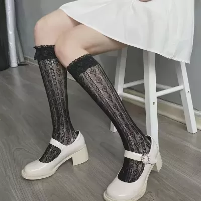 Floral Print Mesh Knee-High Stockings – Elegant Fishnet Fashion - Black design 6