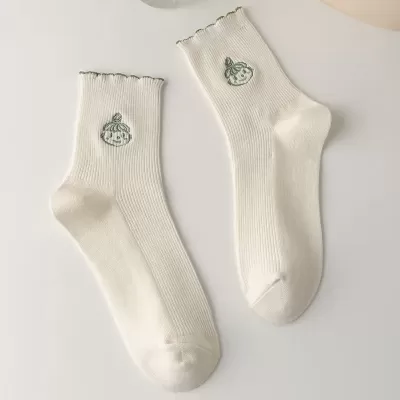 Frilly Cartoon Avatar Embroidery Socks - Kawaii White