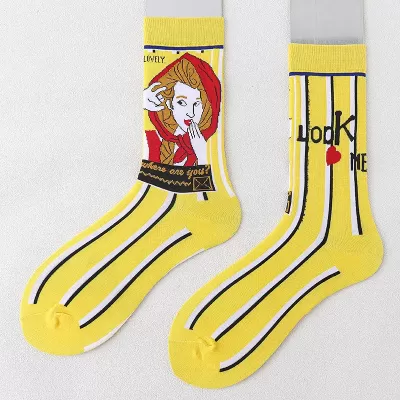 New Street Figures Retro Long Tube Socks – Unisex Trendy Cotton - Yellow