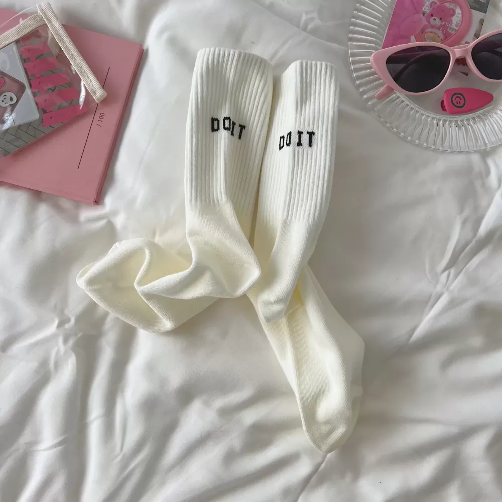 Pink Sports Socks – Spring/Autumn Cotton Style with Letter Detail - White