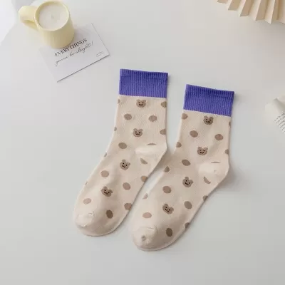 Purple Floral Mid-Tube Socks – Sweet Japanese Harajuku Style - White kawaii design 2