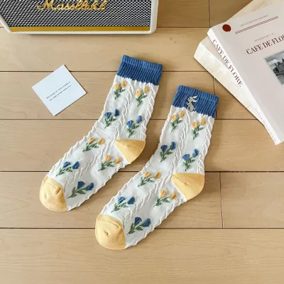Retro Women’s Long Socks – Japanese Vintage Fashion with Floral Embroidery - Kawaii white design 1