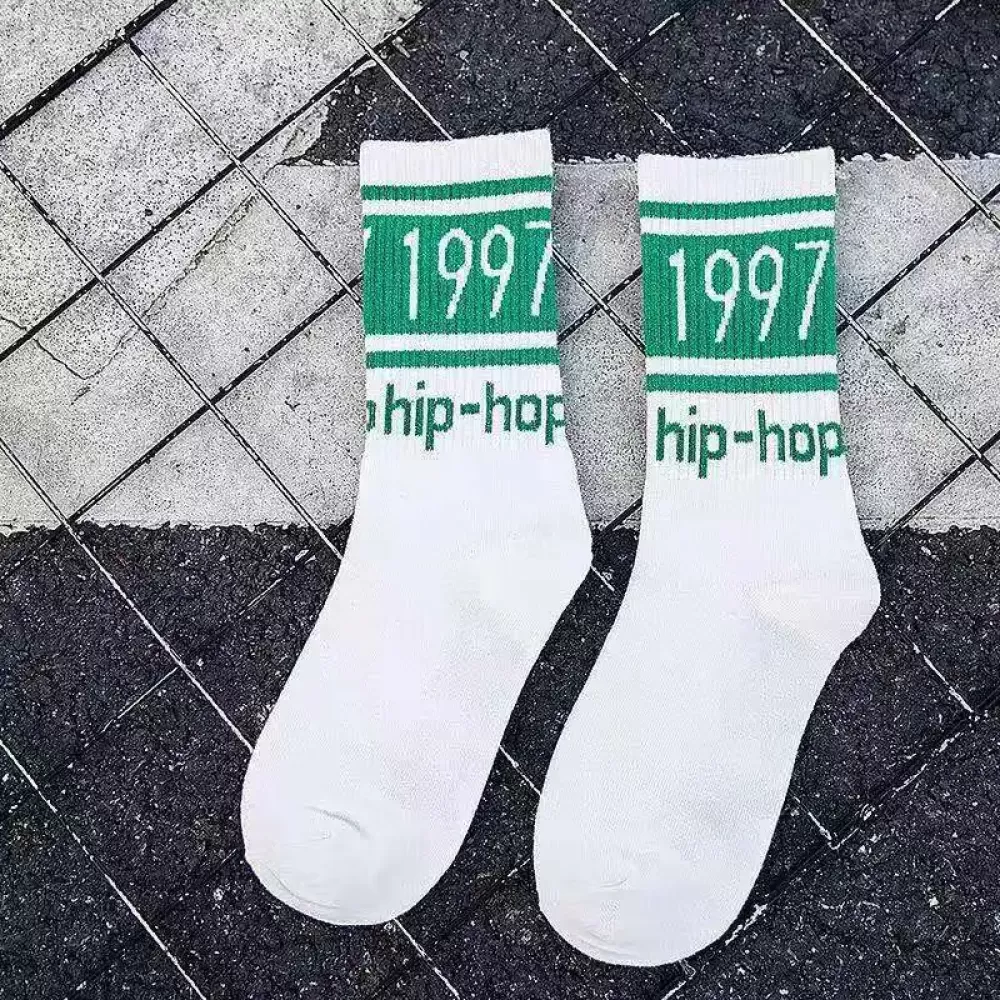 Urban Edge: Black & White Lettered Leaf Skateboard Socks - Hip hop design 3